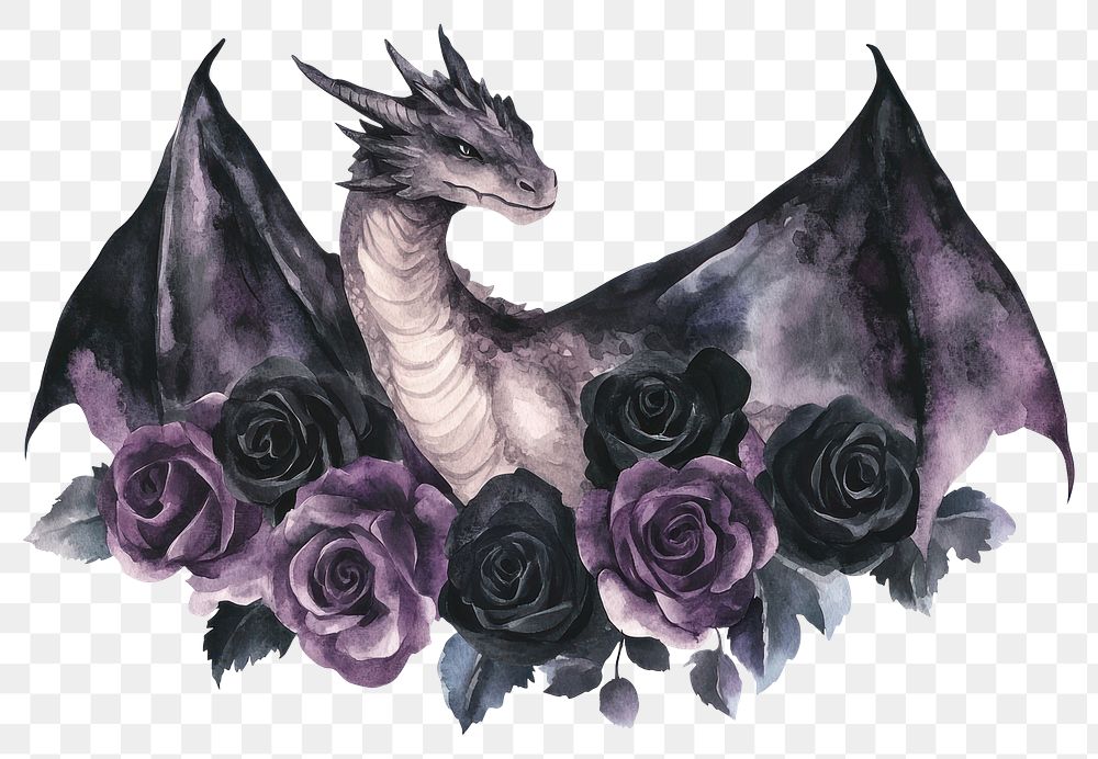 PNG Dragon roses illustration watercolor.