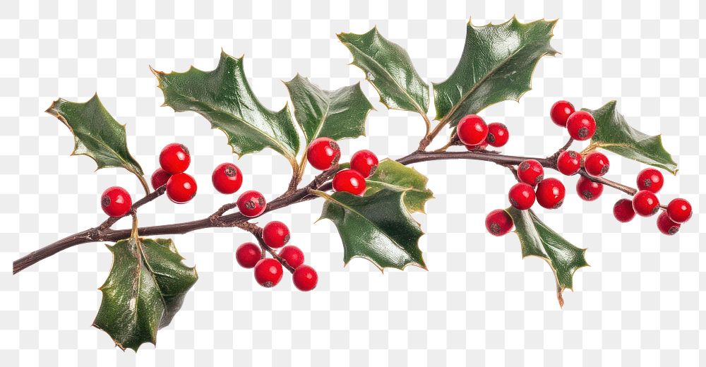 PNG Holly with red berries christmas leaves plant.