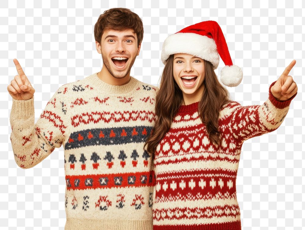 PNG Young couple with surprise faces wearing sweaters happy clothing santa.