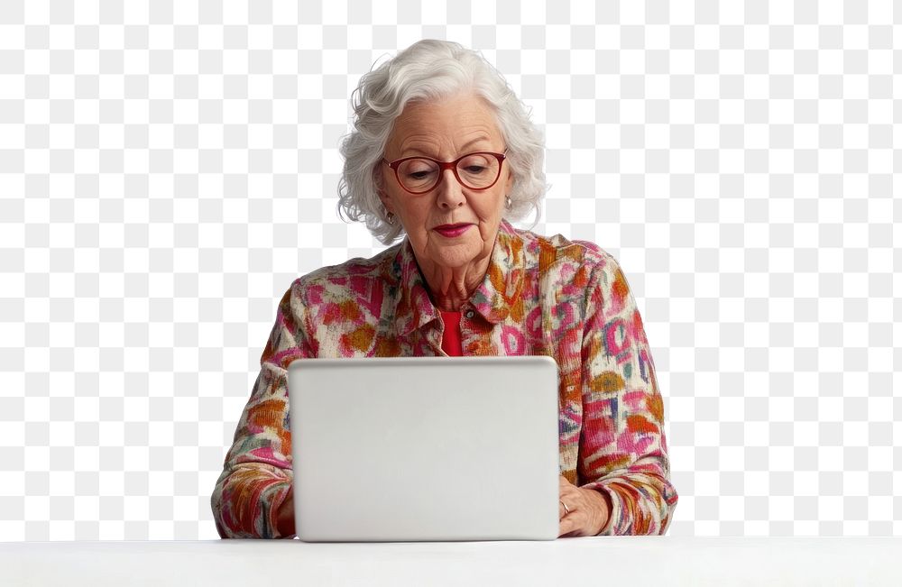 PNG Senior woman working white laptop background computer glasses.