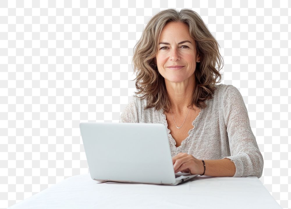 PNG Middle age woman working laptop casual happy smile.