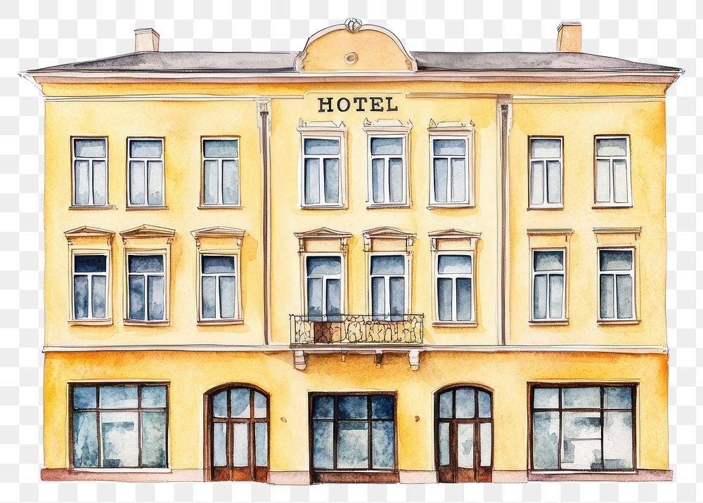 PNG Vintage yellow HOTEL building hotel architecture illustration.