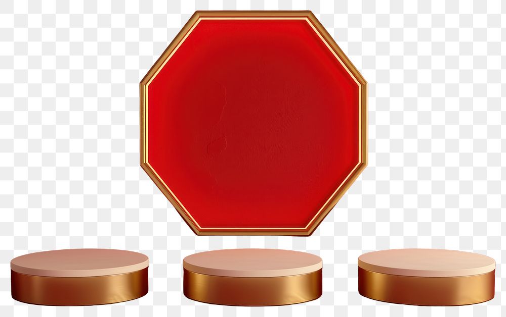 PNG Abstract red background with three hexagonal ipedestals display frame gold.