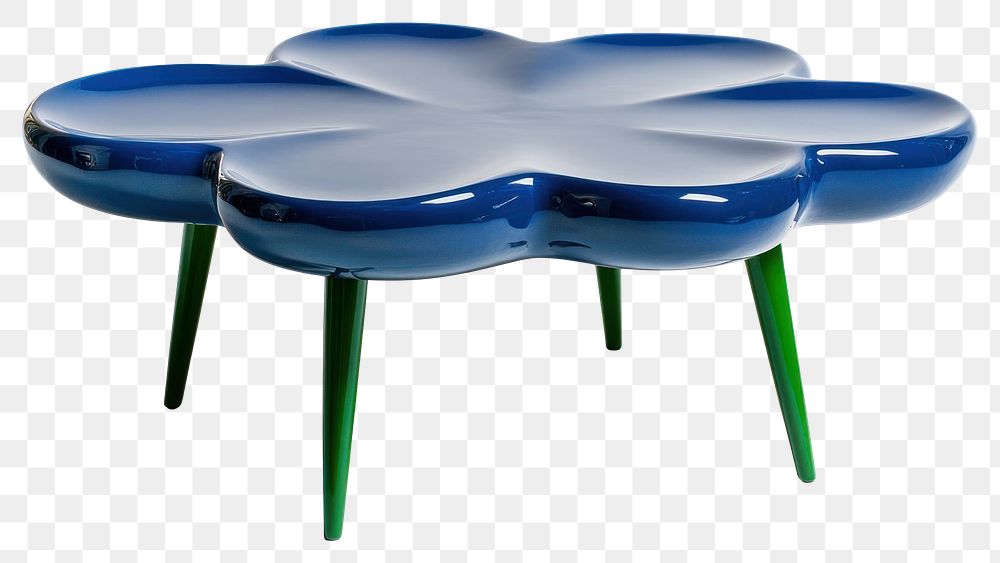 PNG Mid-century blue coffee table with rounded edges with slim green legs furniture flower-shaped contemporary.