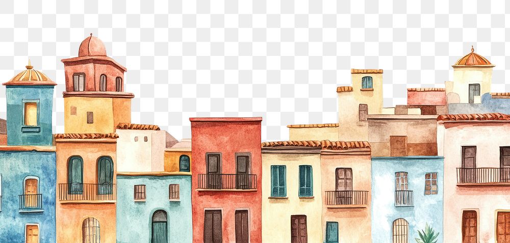 PNG Mexican city buildings architecture illustration watercolor.