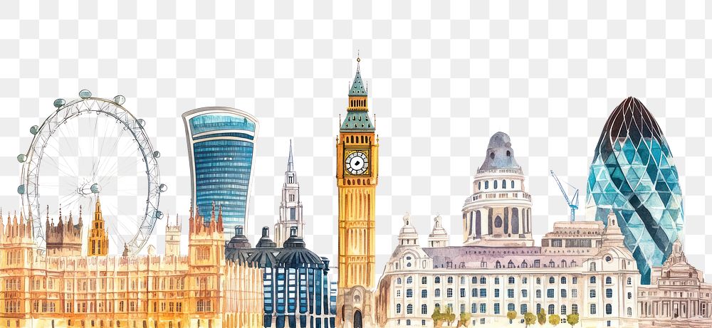 PNG London city buildings architecture landmarks illustration.