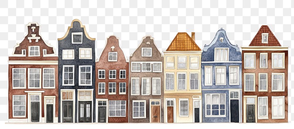 PNG Dutch townhouses architecture illustration watercolor.