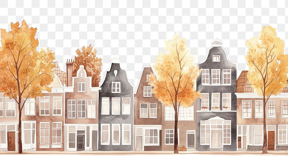 PNG Dutch townhouses architecture illustration watercolor.