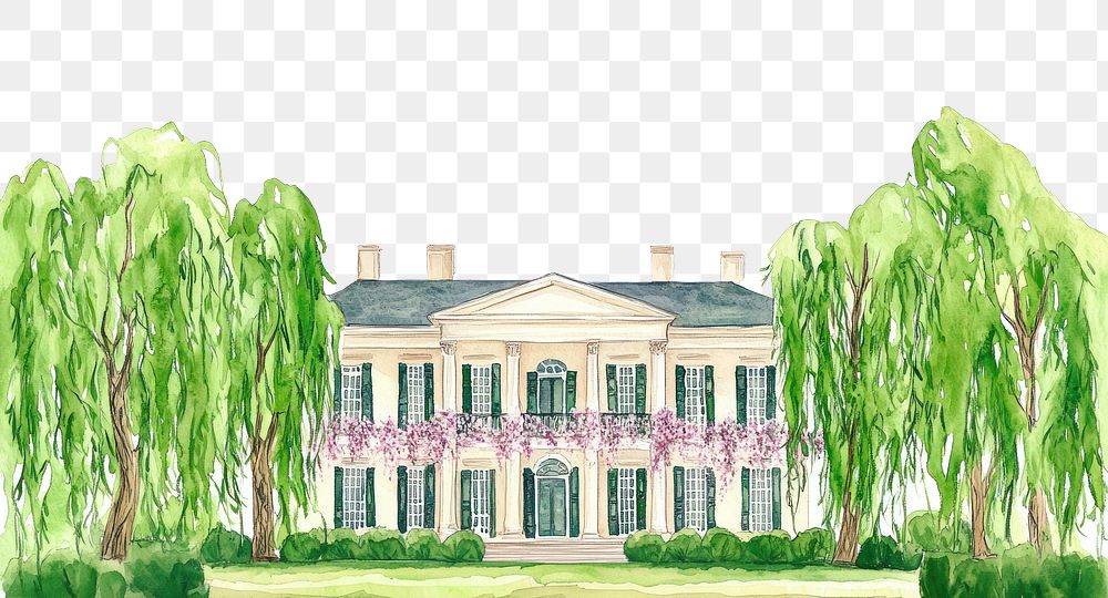 PNG American plantation mansion architecture trees illustration.