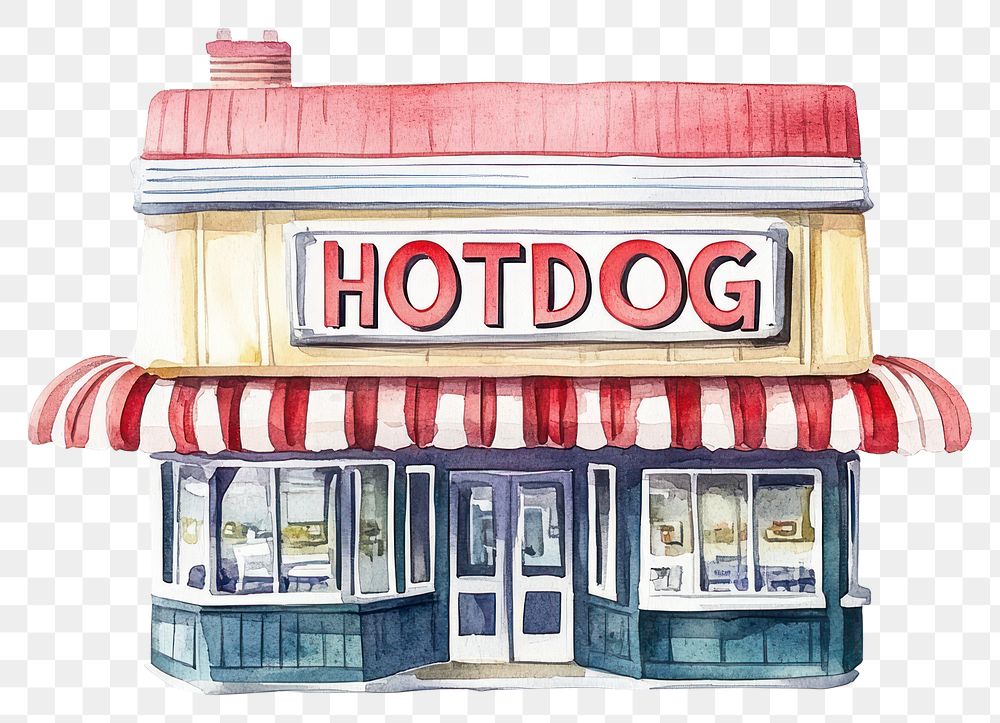 PNG American retro diner restaurant illustration watercolor hotdog.