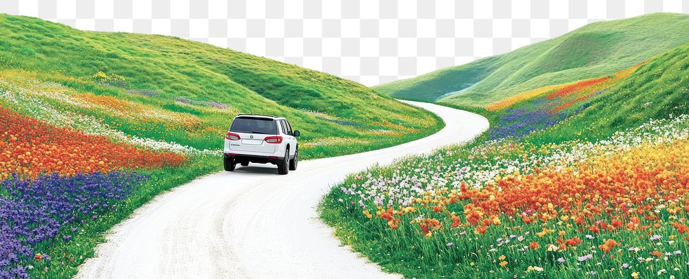 PNG SUV driving down landscape road outdoors.