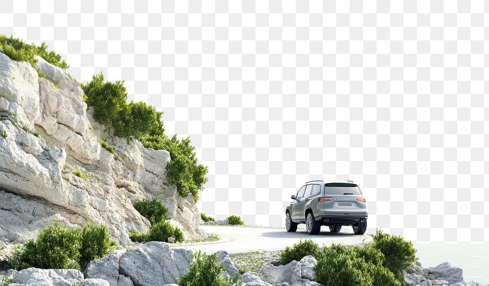 PNG SUV driving down suv landscape outdoors.