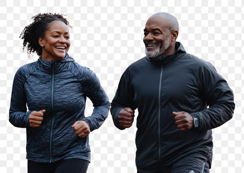 PNG Happy couple jogging outdoors together.