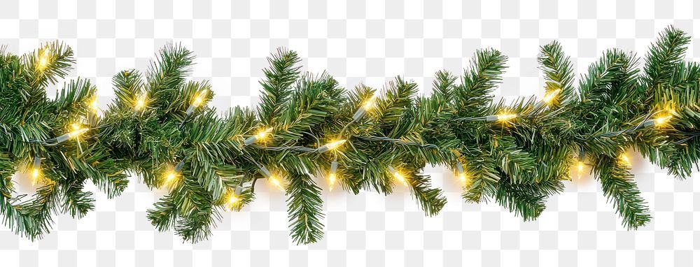 PNG Seamless decorative christmas border with coniferous branches and garlands of christmas lights illuminated decoration…