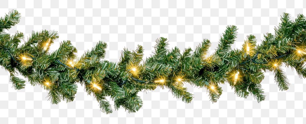 PNG Seamless decorative christmas border with coniferous branches and garlands of christmas lights pine accessories…