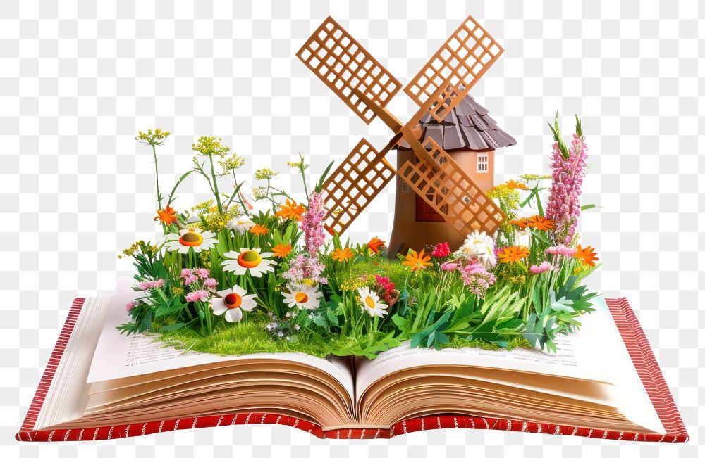 PNG Windmill flowers book art.