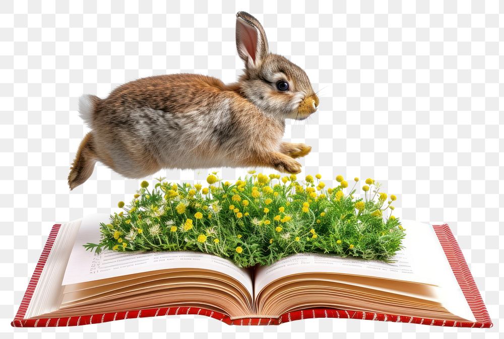 PNG Rabbit jumping flowers book illustration.