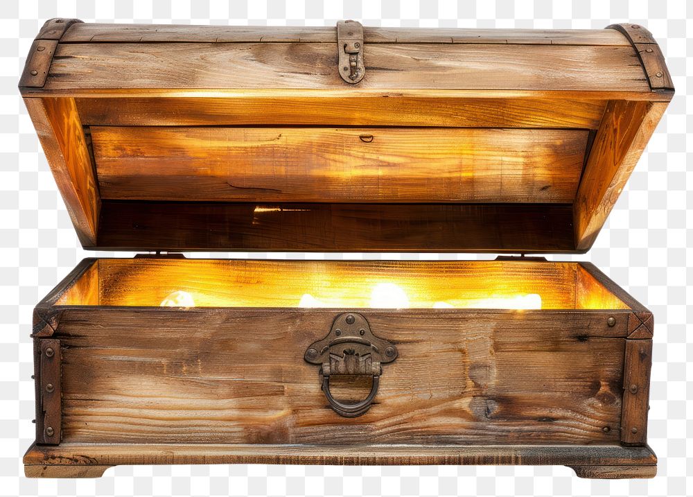 PNG Open wooden chest treasure glowing light.