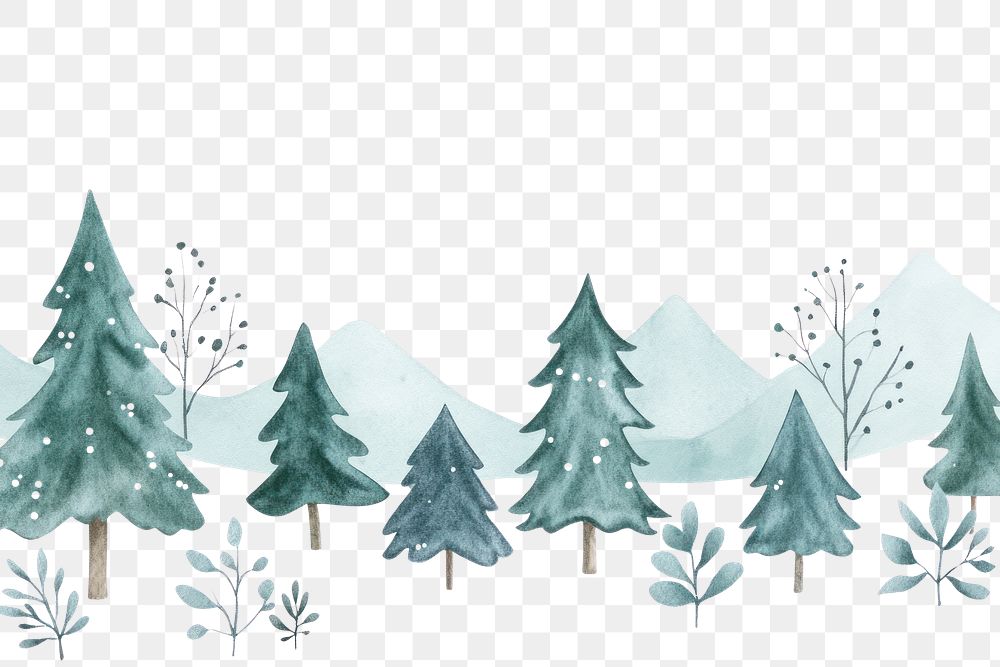 PNG Watercolor winter border trees illustration mountains.