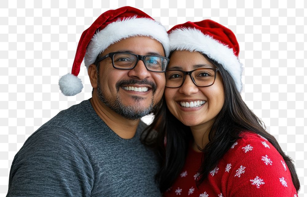 PNG Christmas hispanic couple happy hats portrait.