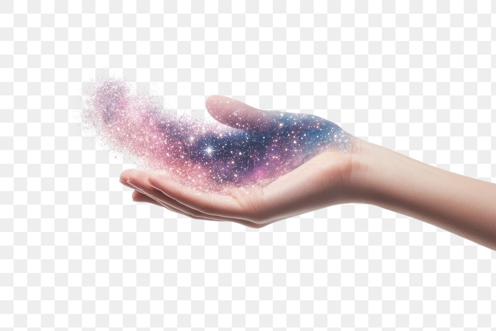 PNG Hand holding the galaxy celestial particles mystical.