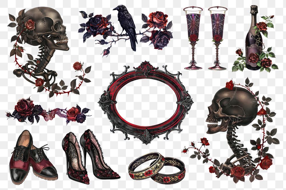 PNG Gothic elegance with dark roses on transparent background