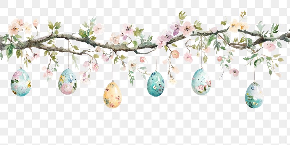 PNG Easter eggs hanging watercolor flower branch.