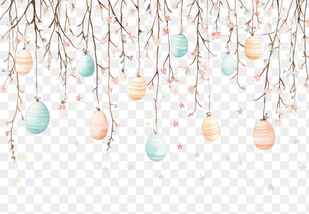 PNG Easter eggs hanging art watercolor branches.