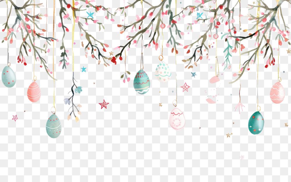 PNG Easter eggs hanging illustration branches pastel.