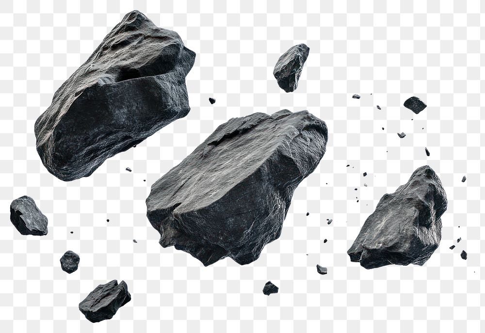 PNG Dark rocks and debris flying anthracite fragments floating.