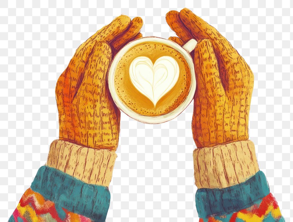 PNG Hands in gloves holding a cup coffee illustration sweater.