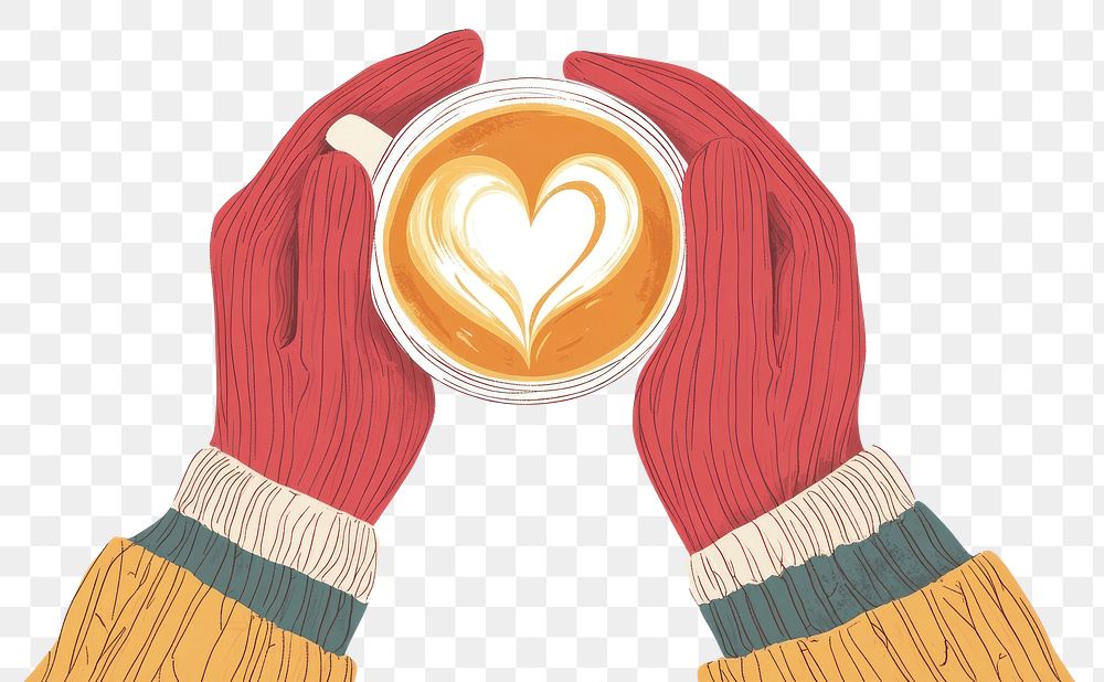 PNG Hands in gloves holding a cup coffee illustration sweater.