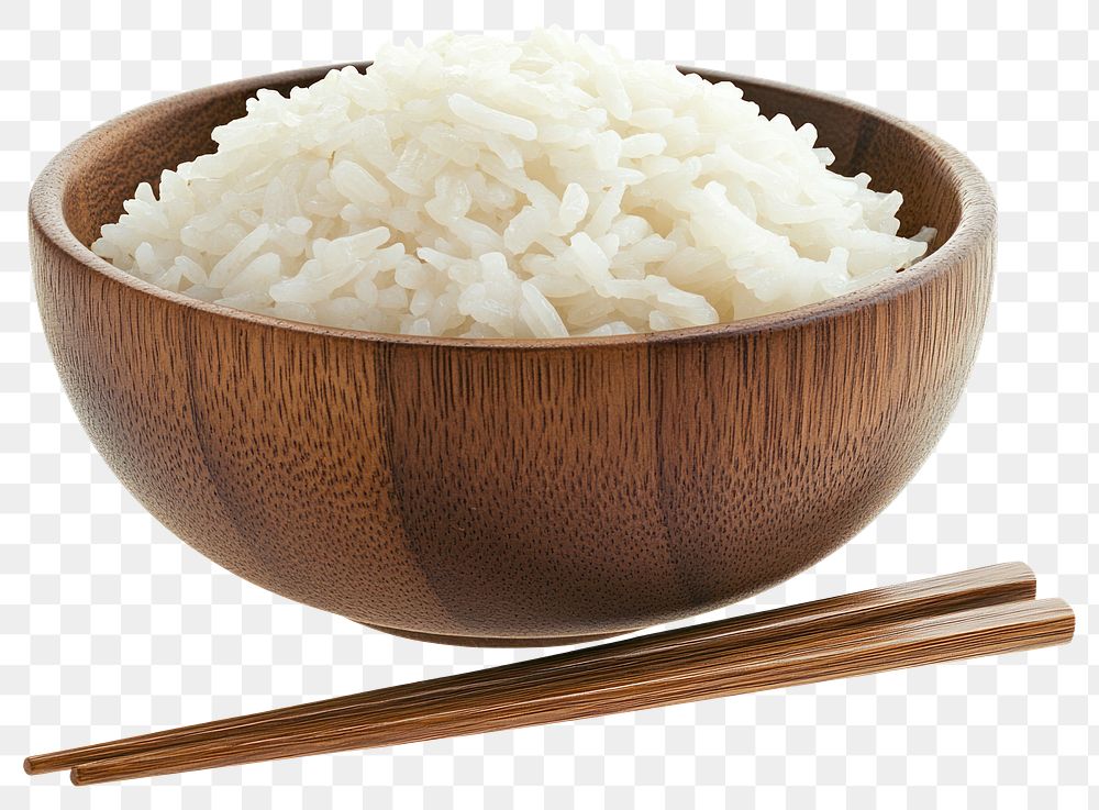 PNG White rice in a wooden bowl chopsticks cooked food.