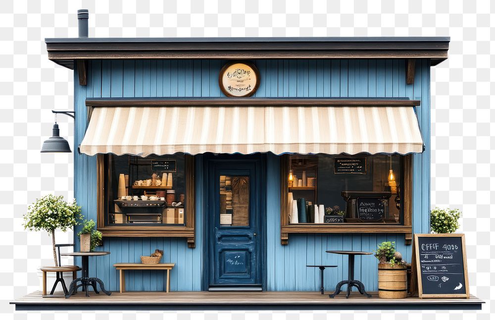 PNG Coffee shop facade awning plants cozy.