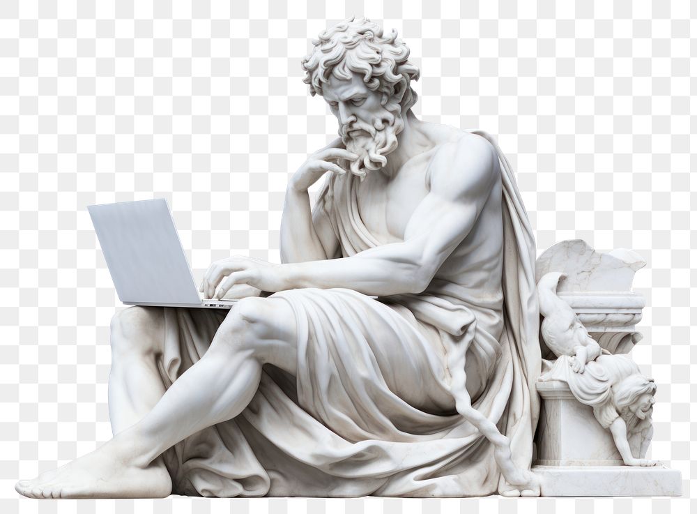 PNG Greek sculpture using computer laptop statue art.