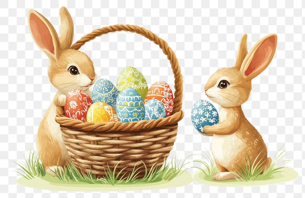 PNG Rabbit holding a basket rabbits eggs illustration.