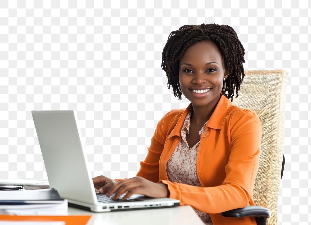 PNG Using a laptop computer sitting office woman.