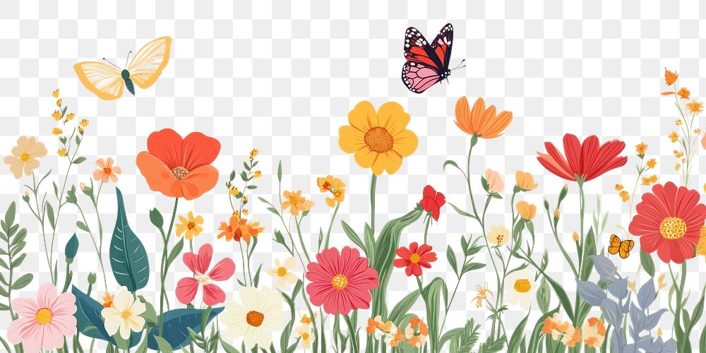 PNG Spring flowers and butterfly border art invertebrate illustration.