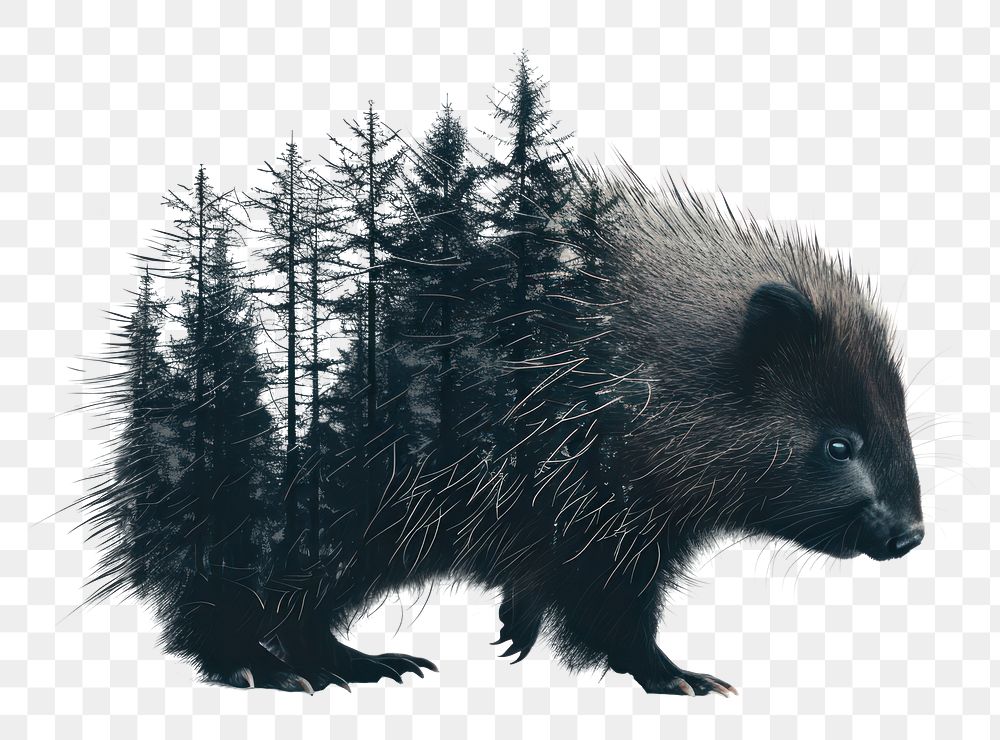 PNG Animal double exposure porcupine with trees design illustration silhouette.