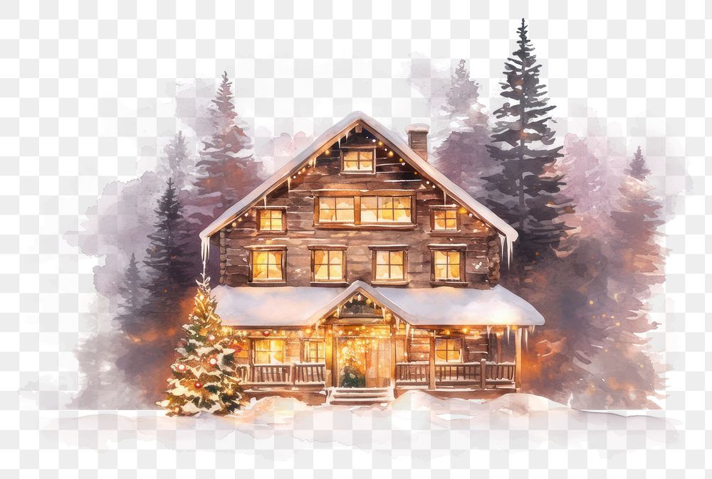 PNG A cozy Christmas wooden house in the forest christmas illustration lights.