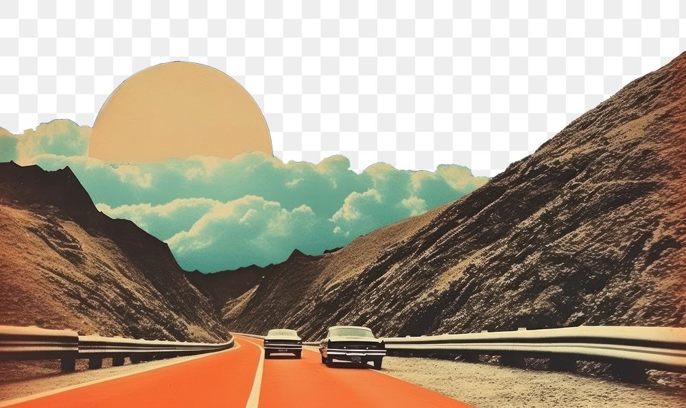 PNG Collage Retro dreamy of a car driving on expressway through mountains cars landscape nature.