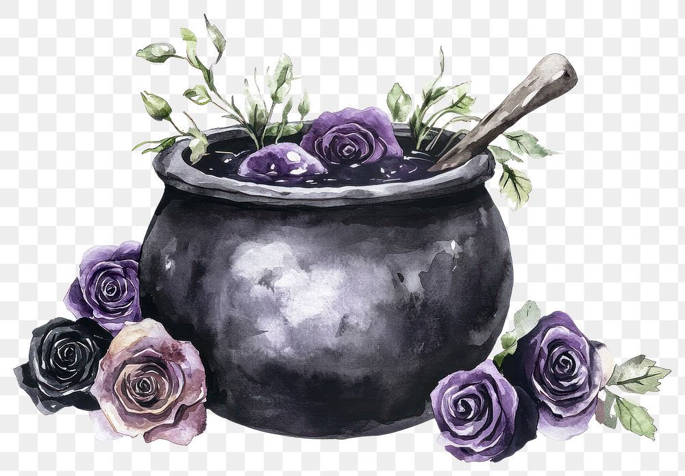 PNG Roses illustration watercolor cauldron.