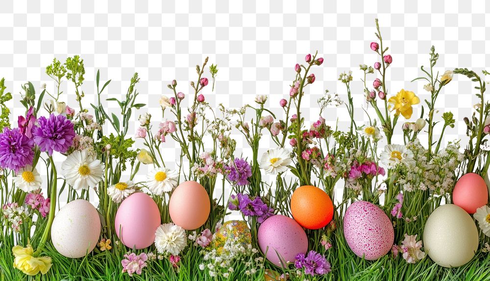 PNG Easter eggs on green grass border flowers colorful easter.