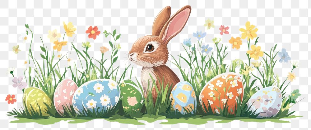 PNG Easter eggs and rabbit on green grass and flowers border illustration easter bunny.