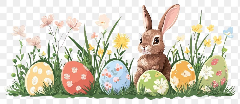 PNG Easter eggs and rabbit on green grass and flowers border illustration easter bunny.