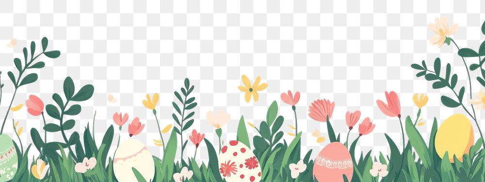 PNG Easter eggs on green grass and flowers border graphics easter easter eggs.