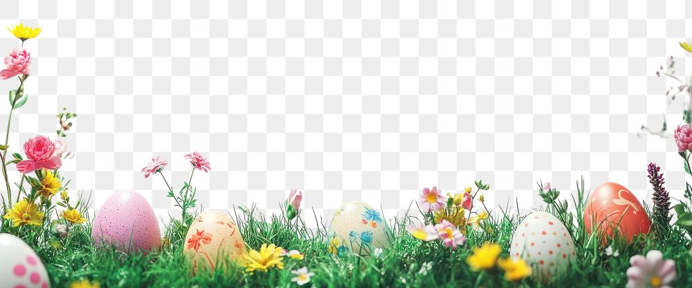 PNG Easter eggs on green grass border colorful flowers easter.