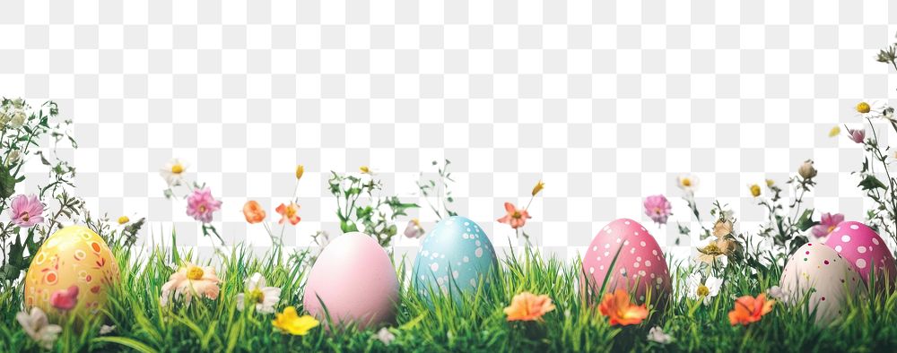 PNG Easter eggs on green grass border colorful flowers easter.