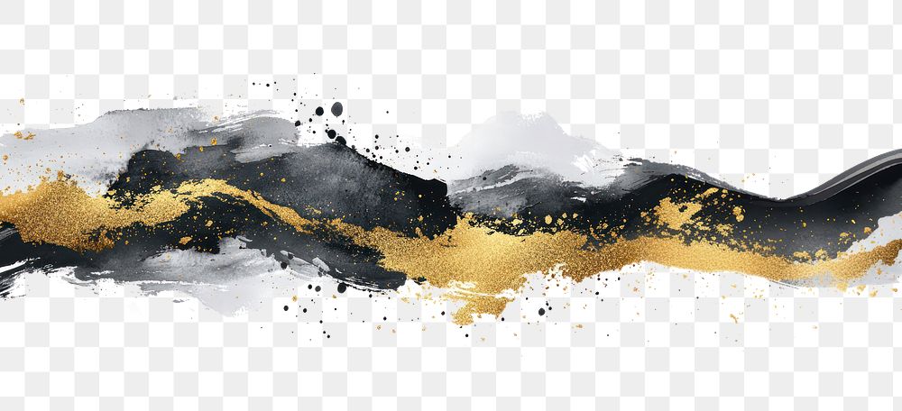 PNG Abstract watercolor brush strokes with gold glitter abstract black art.