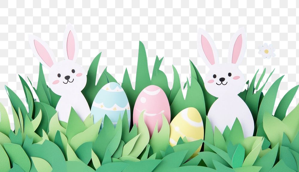 PNG Green field with cute easter eggs bunnies paper celebration.